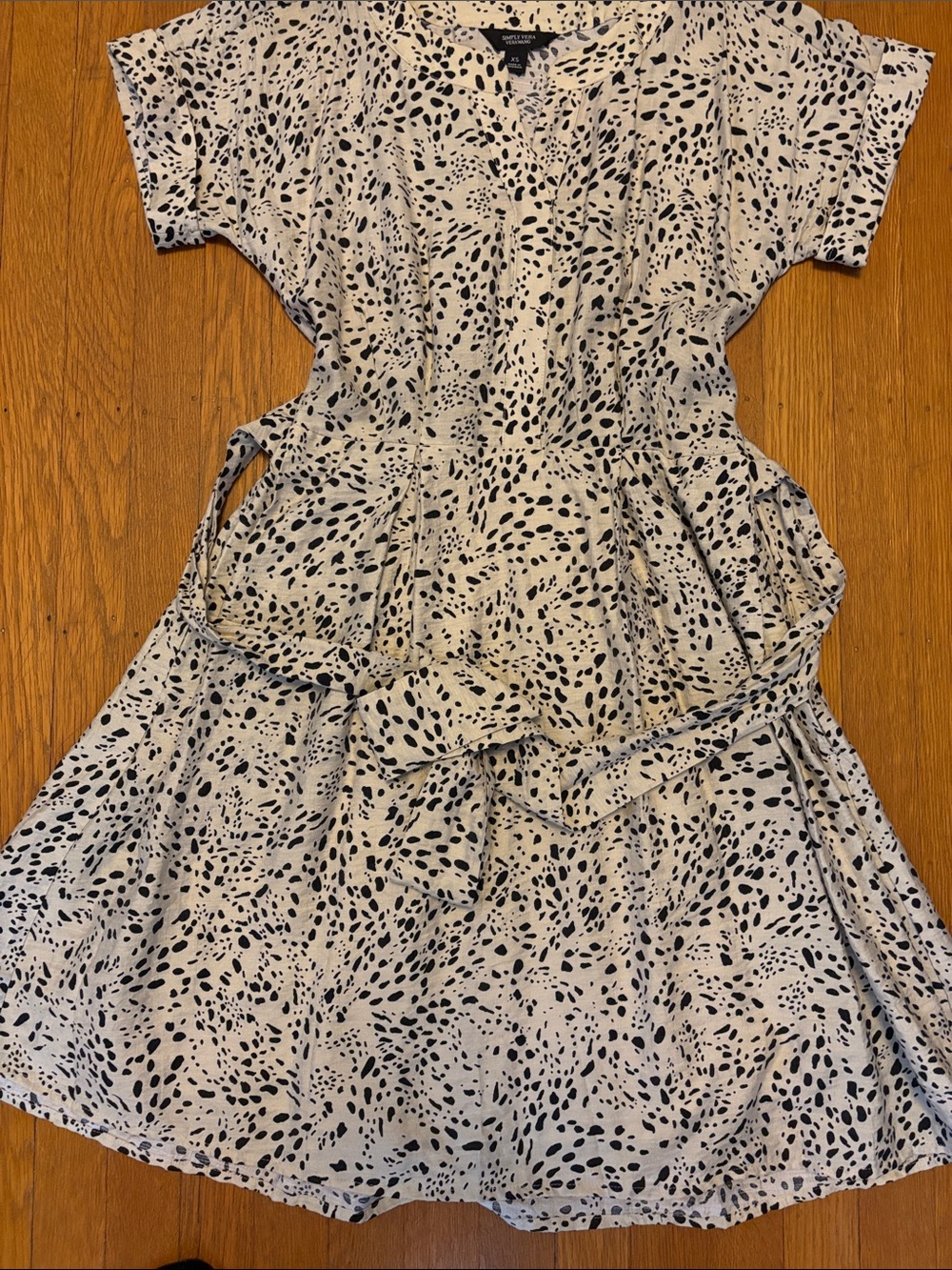 Simply Vera Vera Wang Cream and Black Printed Tie-Waist Casual Dress